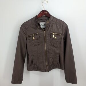 Miss Selfie Outerwear Leather Stitched Full Zip Up Moto Jacket Brown Size‎ M